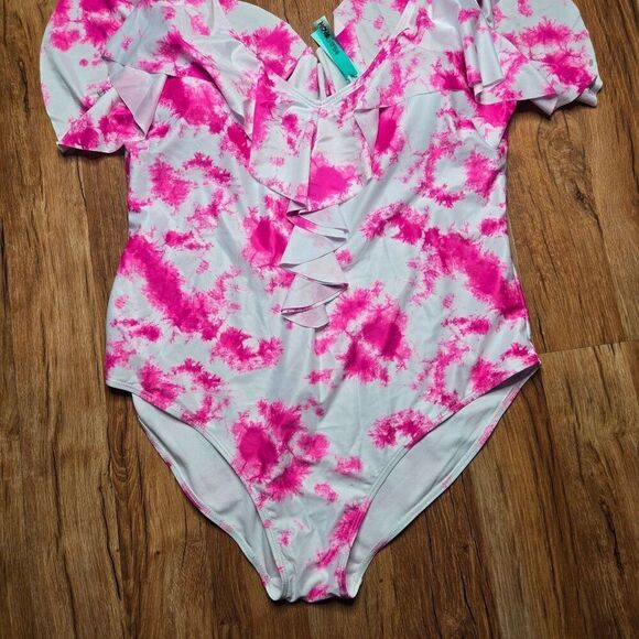 Tie-Dye Pink Ruffle One-Piece Swimsuit Womens 3XL Nova Swim NEW - Picture 2 of 5